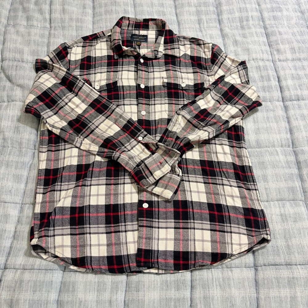 Lucky Brand Flannel Plaid Button Down Shirt Mens L Black Red Stretch Long Sleeve